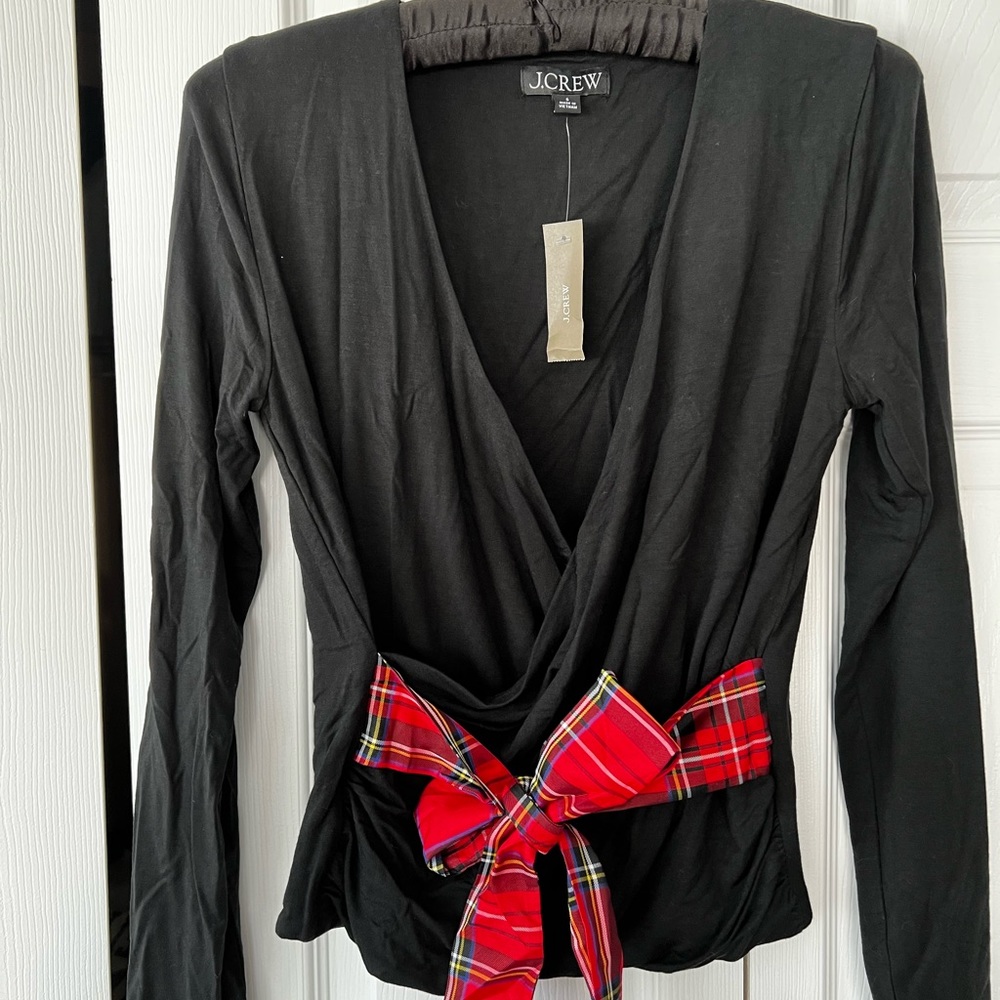 J. Crew Black formknit tartan plaid wrap top NWT size xs